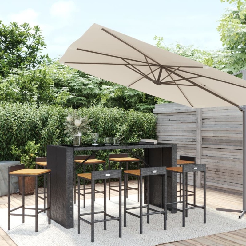 vidaXL Mesa bar y taburetes jardín 9 pzas madera acacia ratán PE negro vidaXL Mesa bar y taburetes jardín 9 pzas madera acacia ratán PE negro