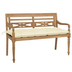 vidaXL Banco Batavia de teca maciza con cojín blanco crema 120 cm