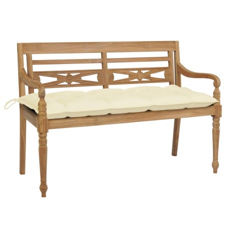 vidaXL Banco Batavia de teca maciza con cojín blanco crema 120 cm