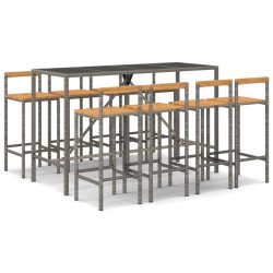vidaXL Mesa bar y taburetes jardín 9 pzas madera acacia ratán PE gris