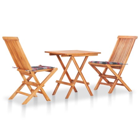 vidaXL Set de bistró 3 piezas madera de teca y cojines a cuadros rojos