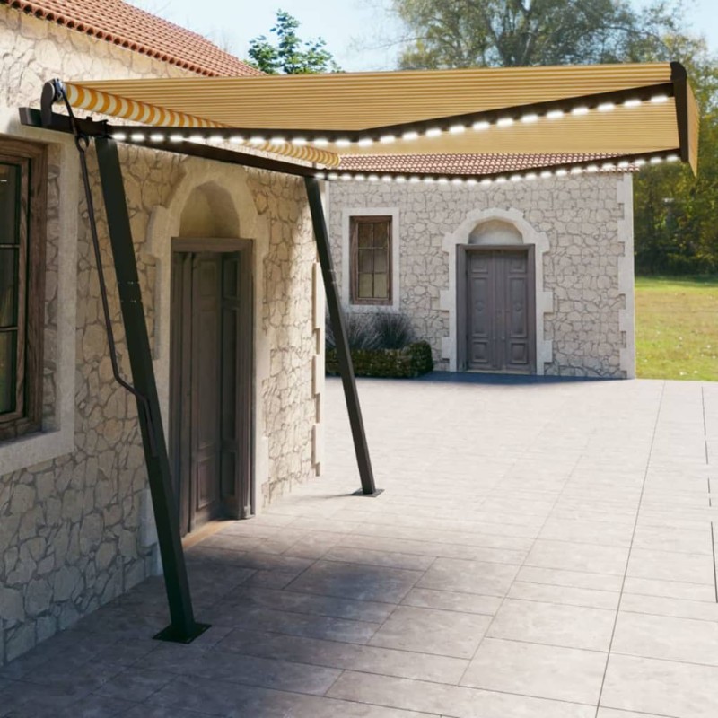 vidaXL Toldo manual retráctil con LED amarillo y blanco 4x3 m vidaXL Toldo manual retráctil con LED amarillo y blanco 4x3 m