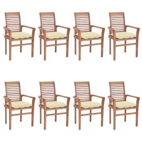 vidaXL Sillas de comedor 8 uds madera de teca con cojines crema blanco