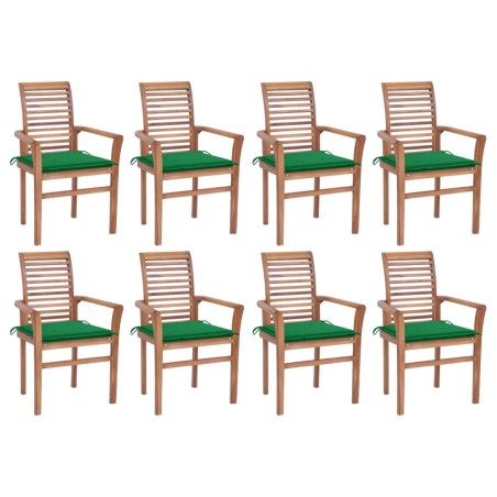 vidaXL Sillas de comedor 8 unidades madera de teca con cojines verdes