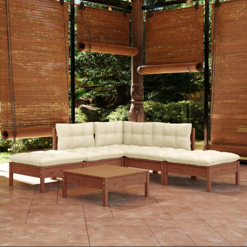 vidaXL Muebles de jardín 6 pzas y cojines madera de pino marrón miel vidaXL Muebles de jardín 6 pzas y cojines madera de pino marrón miel
