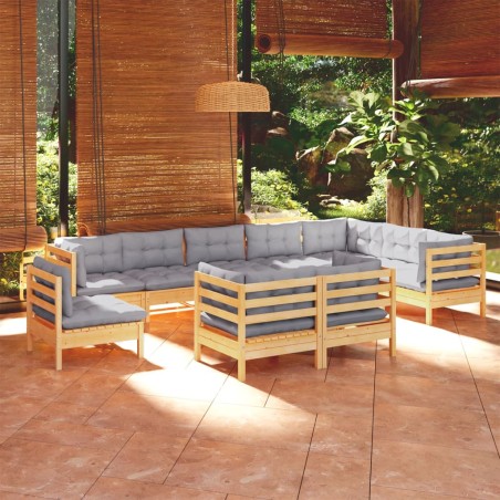 vidaXL Juego de muebles de jardín 10 pzas y cojines madera maciza pino