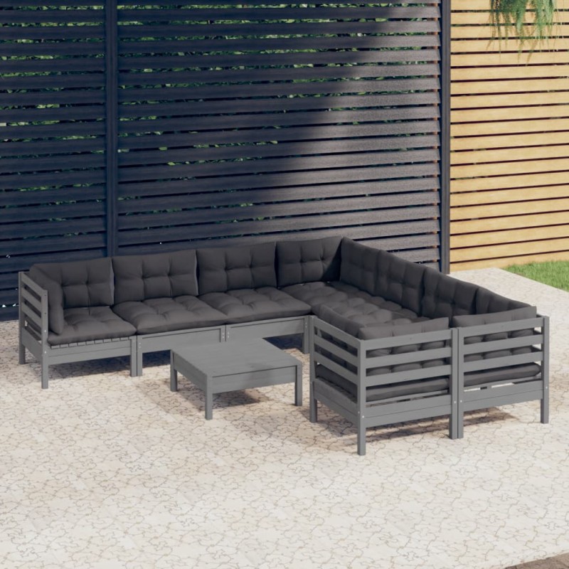 vidaXL Muebles de jardín 9 pzas y cojines gris madera de pino vidaXL Muebles de jardín 9 pzas y cojines gris madera de pino