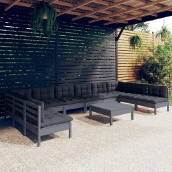 vidaXL Muebles de jardín 11 pzas y cojines gris madera maciza de pino