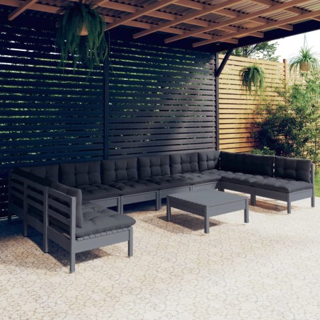 vidaXL Muebles de jardín 11 pzas y cojines gris madera maciza de pino