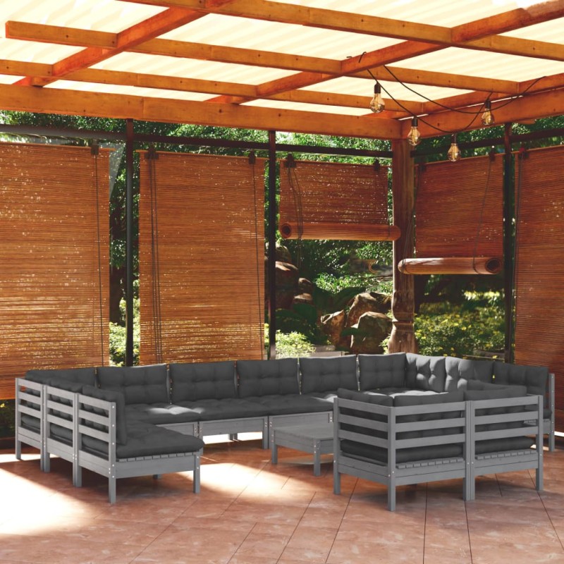 vidaXL Juego de muebles de jardín 13 pzas y cojines madera pino gris vidaXL Juego de muebles de jardín 13 pzas y cojines madera pino gris