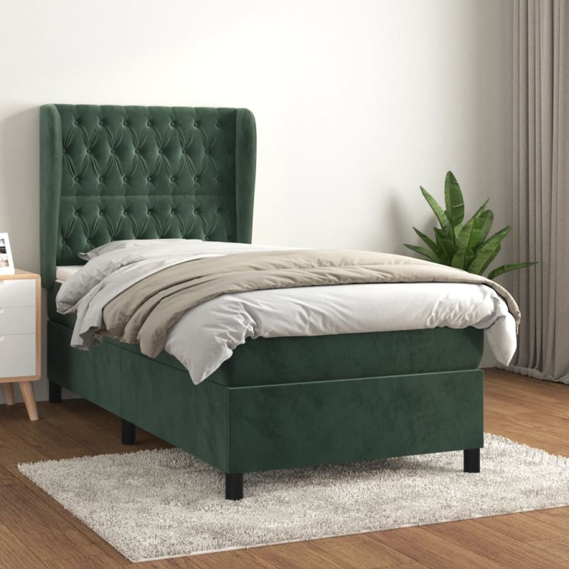 vidaXL Cama box spring con colchón terciopelo verde oscuro 90x190 cm