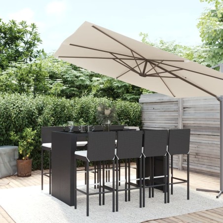 vidaXL Mesa y taburetes altos jardín 9 piezas y cojines ratán PE negro