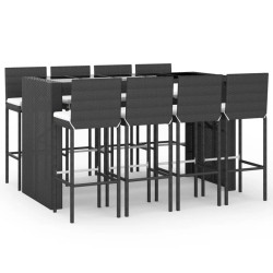 vidaXL Mesa y taburetes altos jardín 9 piezas y cojines ratán PE negro