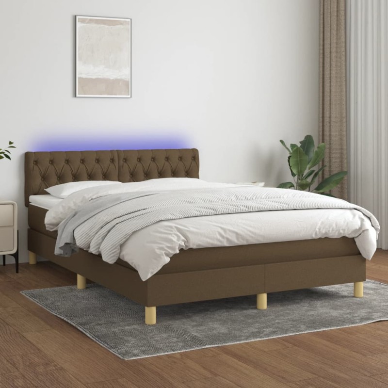 vidaXL Cama box spring colchón luces LED tela marrón oscuro 140x190 cm vidaXL Cama box spring colchón luces LED tela marrón oscuro 140x190 cm