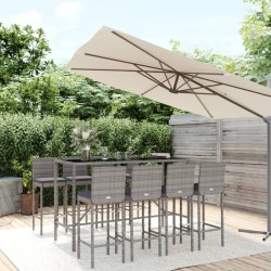 vidaXL Mesa y taburetes altos jardín 9 pzas y cojines ratán PE gris