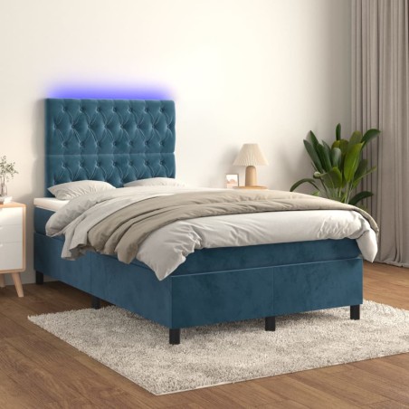vidaXL Cama box spring colchón y LED terciopelo azul oscuro 120x200 cm