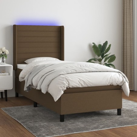 vidaXL Cama box spring colchón y luces LED tela marrón oscuro 90x190cm