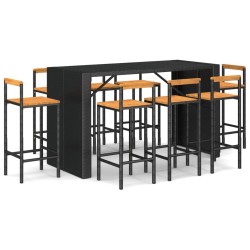vidaXL Mesa bar y taburetes jardín 9 pzas madera acacia ratán PE negro