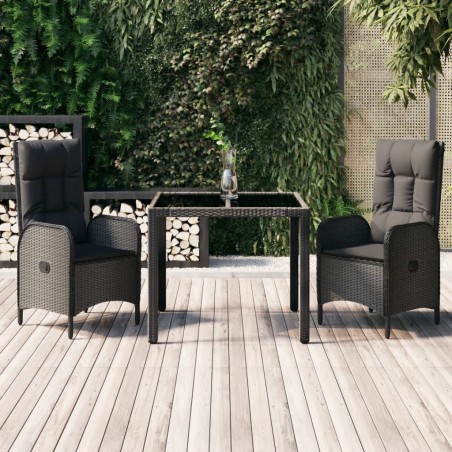 vidaXL Set comedor de jardín 3 pzas con cojines ratán sintético negro