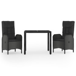 vidaXL Set comedor de jardín 3 pzas con cojines ratán sintético negro