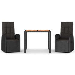 vidaXL Set comedor de jardín 3 pzas con cojines ratán sintético negro