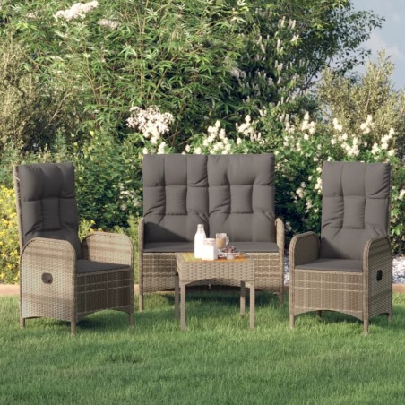 vidaXL Set comedor de jardín 3 piezas con cojines ratán sintético gris