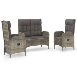 vidaXL Set comedor de jardín 3 piezas con cojines ratán sintético gris