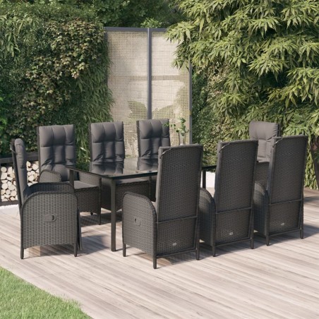 vidaXL Set de comedor de jardín 9 pzas y cojines ratán sintético negro