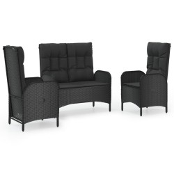 vidaXL Set comedor de jardín 3 pzas con cojines ratán sintético negro