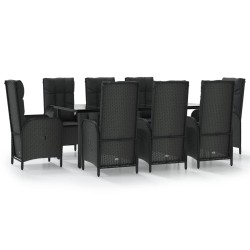 vidaXL Set de comedor de jardín 9 pzas y cojines ratán sintético negro