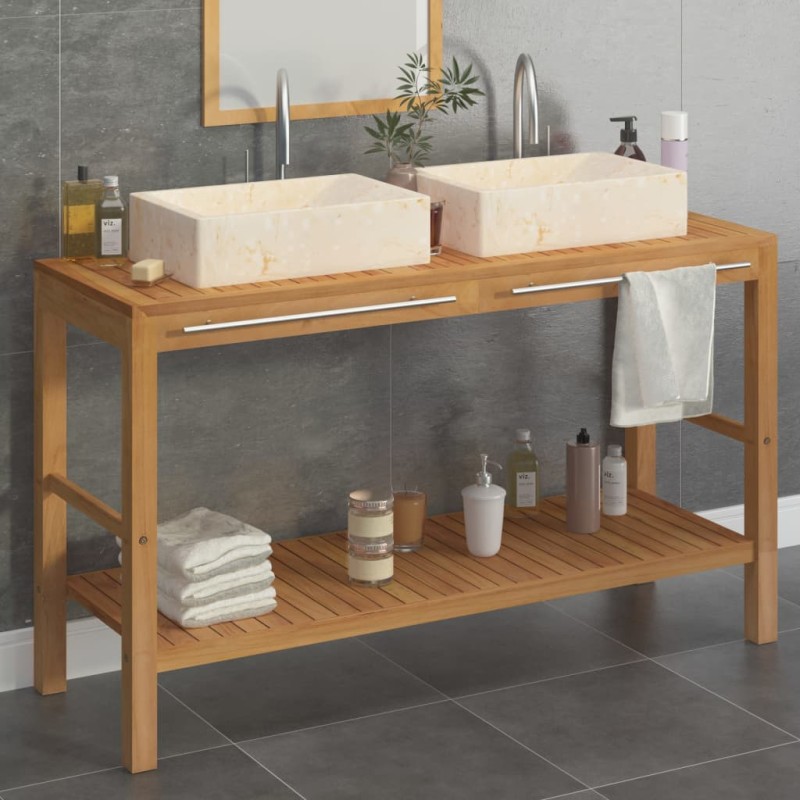 vidaXL Mueble tocador madera teca maciza con lavabos de mármol crema vidaXL Mueble tocador madera teca maciza con lavabos de mármol crema