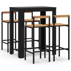 vidaXL Mesa bar y taburetes jardín 5 pzas madera acacia ratán PE negro