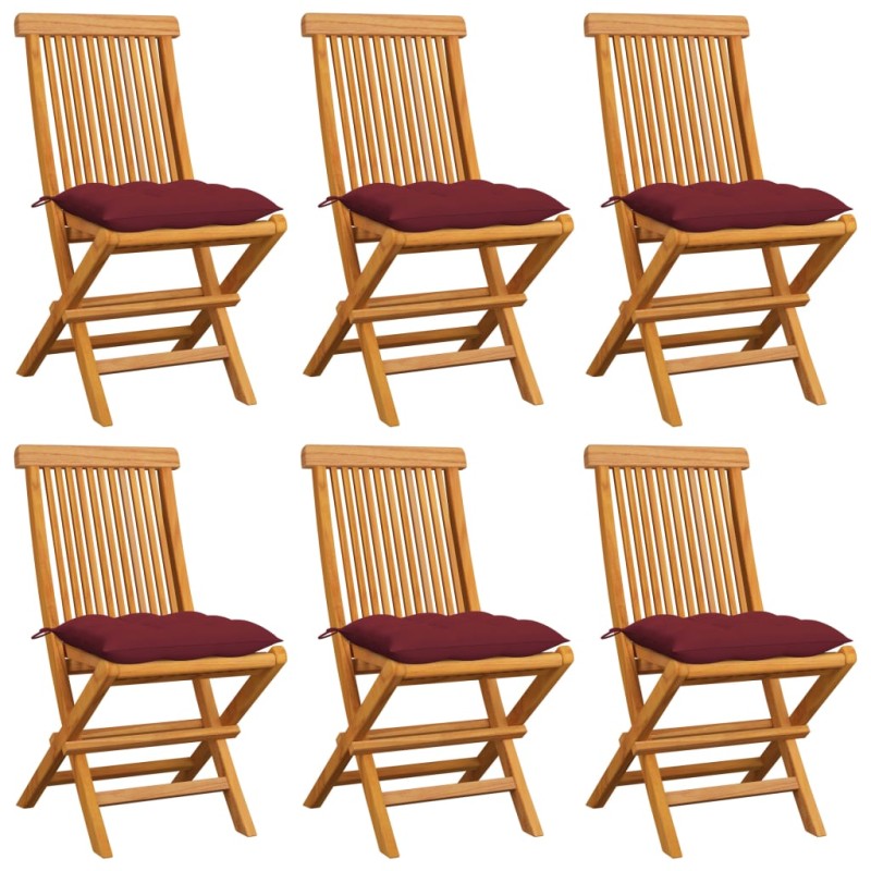 vidaXL Sillas de jardín 6 uds con cojines rojo tinto madera de teca vidaXL Sillas de jardín 6 uds con cojines rojo tinto madera de teca