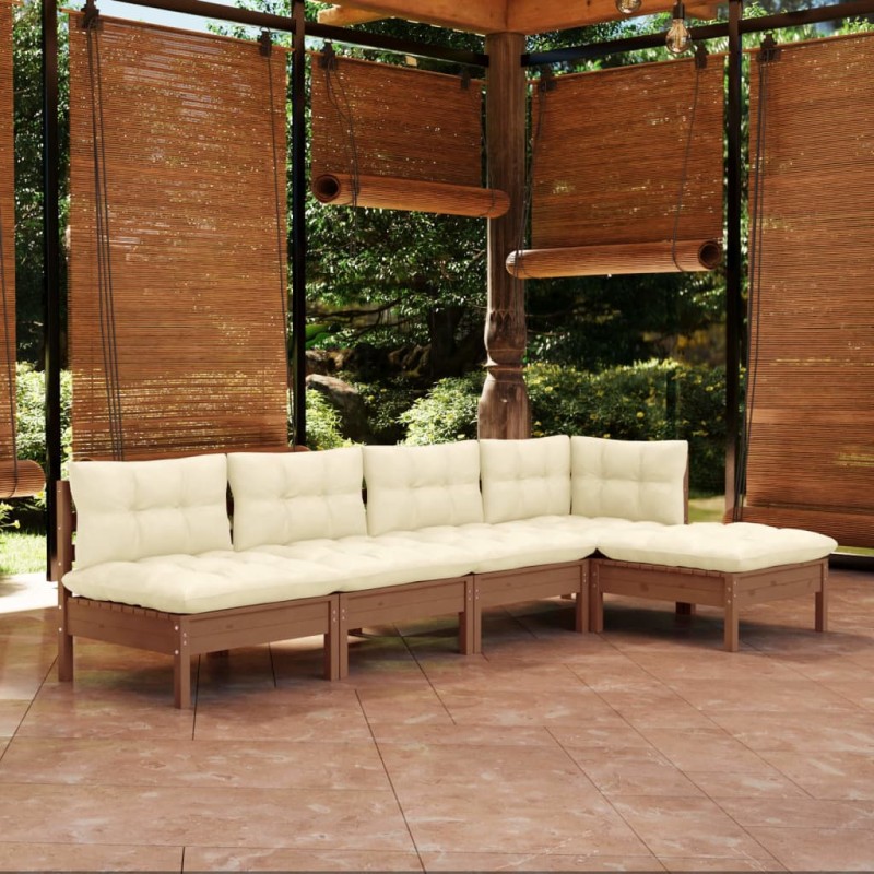 vidaXL Muebles de jardín 5 pzas y cojines madera de pino marrón miel vidaXL Muebles de jardín 5 pzas y cojines madera de pino marrón miel