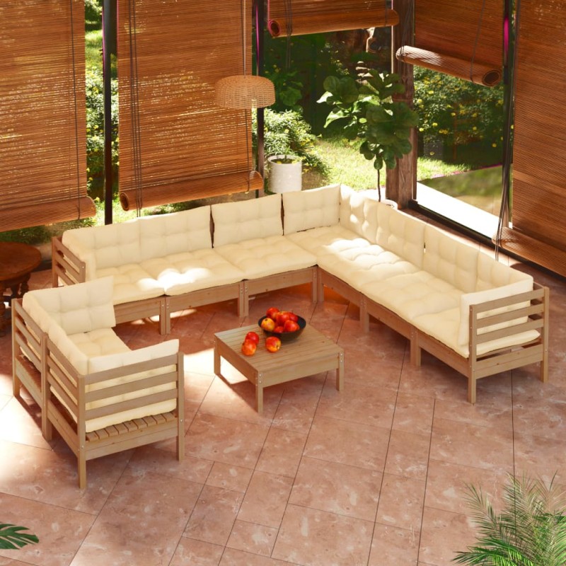 vidaXL Muebles de jardín 10 pzas y cojines madera de pino marrón miel vidaXL Muebles de jardín 10 pzas y cojines madera de pino marrón miel
