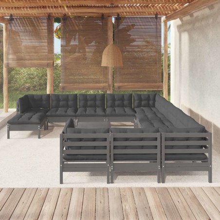 vidaXL Juego de muebles de jardín 13 pzas y cojines madera pino gris