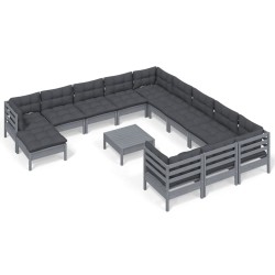 vidaXL Juego de muebles de jardín 13 pzas y cojines madera pino gris