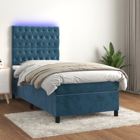 vidaXL Cama box spring colchón y LED terciopelo azul oscuro 100x200 cm