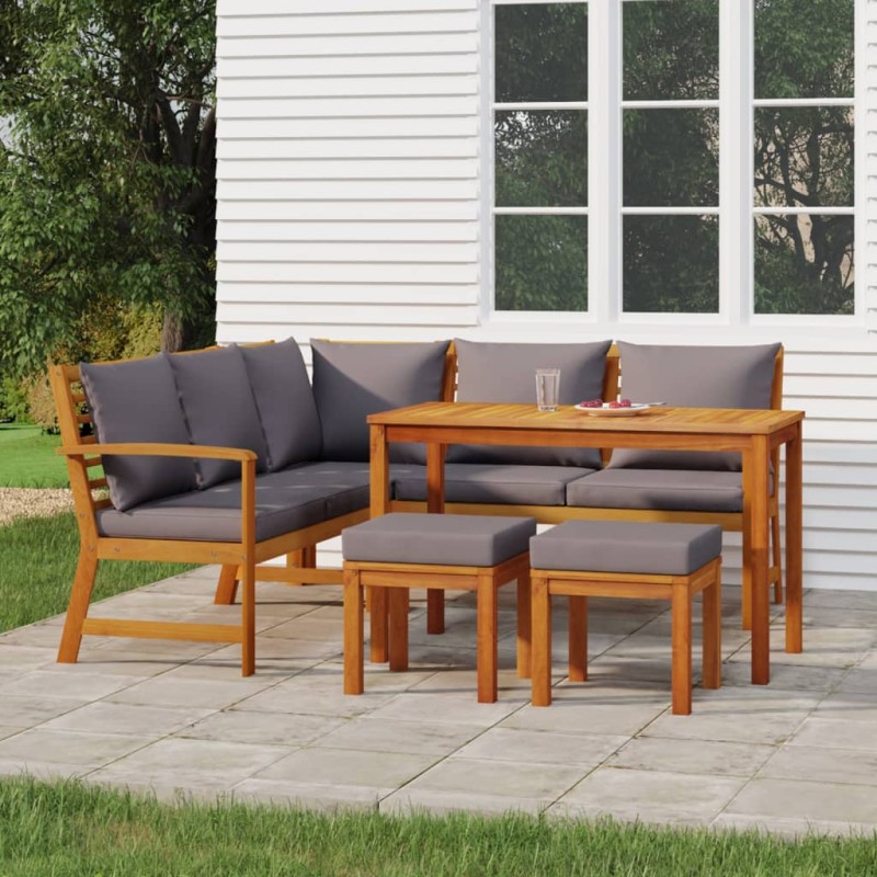 vidaXL Juego comedor de jardín 6 pzas con cojines madera maciza acacia vidaXL Juego comedor de jardín 6 pzas con cojines madera maciza acacia