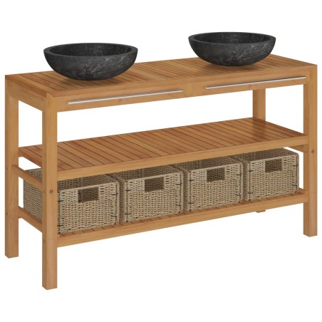vidaXL Mueble tocador madera maciza teca con lavabos de mármol negro 