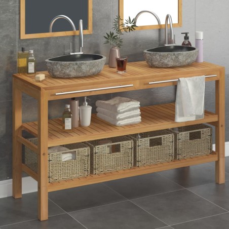 vidaXL Mueble tocador madera teca maciza con lavabos de piedra de río 
