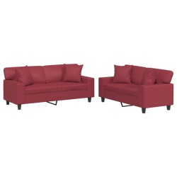 vidaXL Juego de sofás con cojines 2 piezas cuero sintético rojo tinto