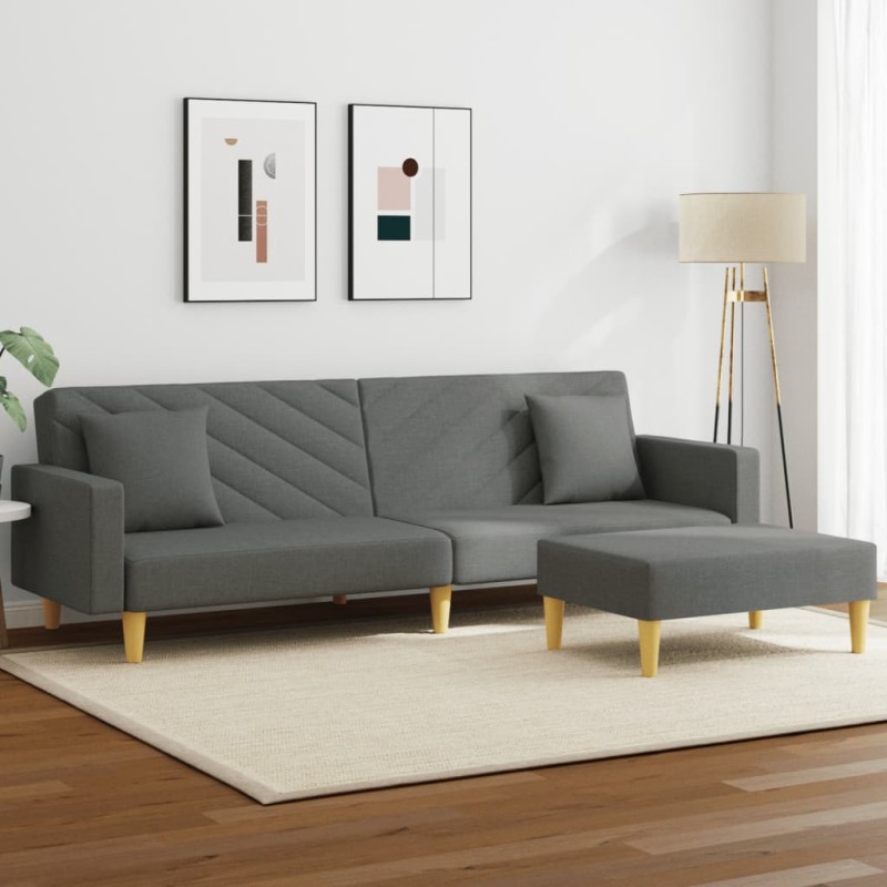 vidaXL Sofá cama de 2 plazas con almohadas y taburete tela gris oscuro vidaXL Sofá cama de 2 plazas con almohadas y taburete tela gris oscuro