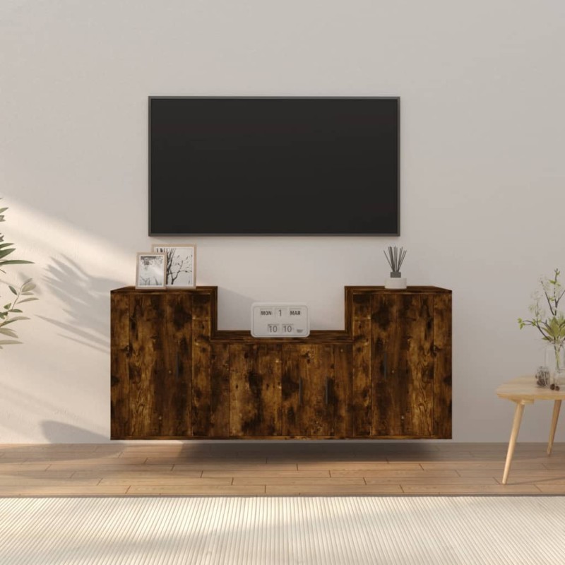 vidaXL Set de muebles de TV 3 pzas madera contrachapada roble ahumado vidaXL Set de muebles de TV 3 pzas madera contrachapada roble ahumado