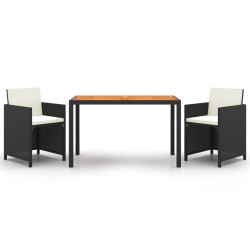 vidaXL Set de comedor de jardín 3 pzas y cojines ratán sintético negro