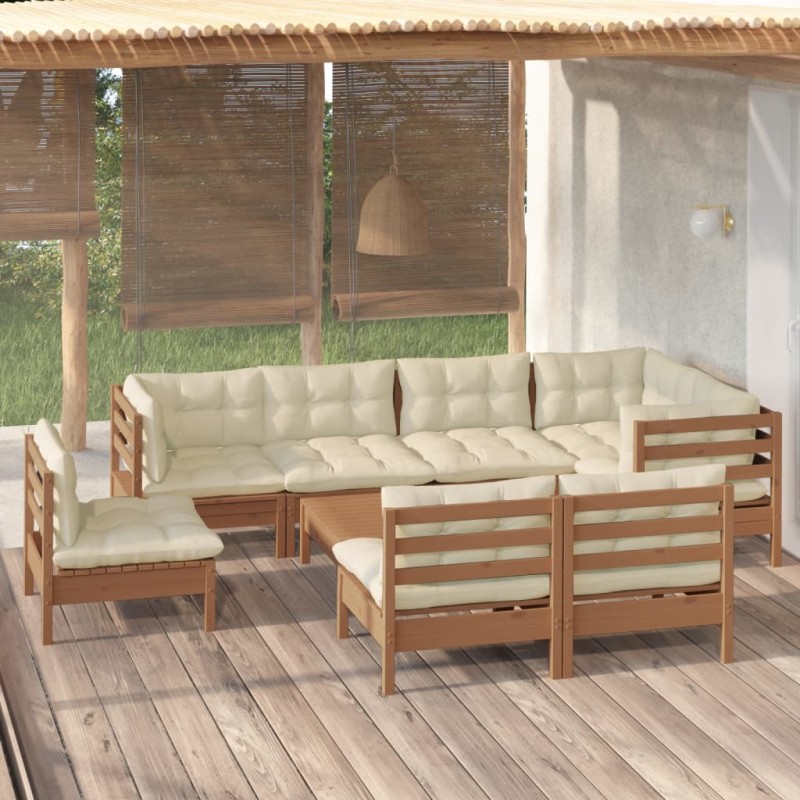 vidaXL Muebles de jardín 9 pzas y cojines madera de pino marrón miel
