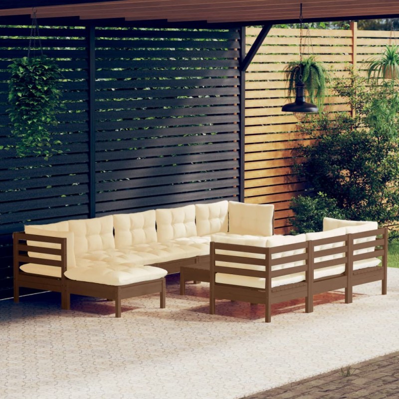 vidaXL Muebles de jardín 11 pzas y cojines madera de pino marrón miel vidaXL Muebles de jardín 11 pzas y cojines madera de pino marrón miel