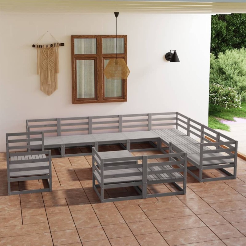 vidaXL Muebles de jardín 13 piezas gris madera de pino maciza