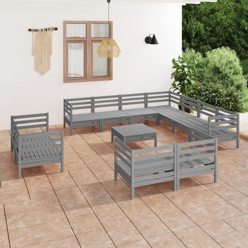 vidaXL Juego de muebles de jardín 12 piezas madera maciza de pino gris vidaXL Juego de muebles de jardín 12 piezas madera maciza de pino gris
