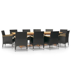 vidaXL Juego de comedor de jardín 11 piezas con cojines negro